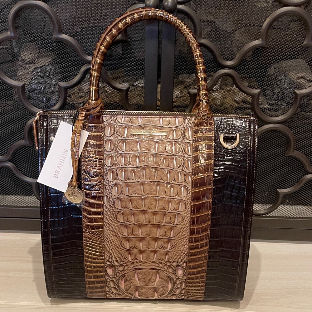 Brahmin Croc-Embossed Satchel in Brown and Tan